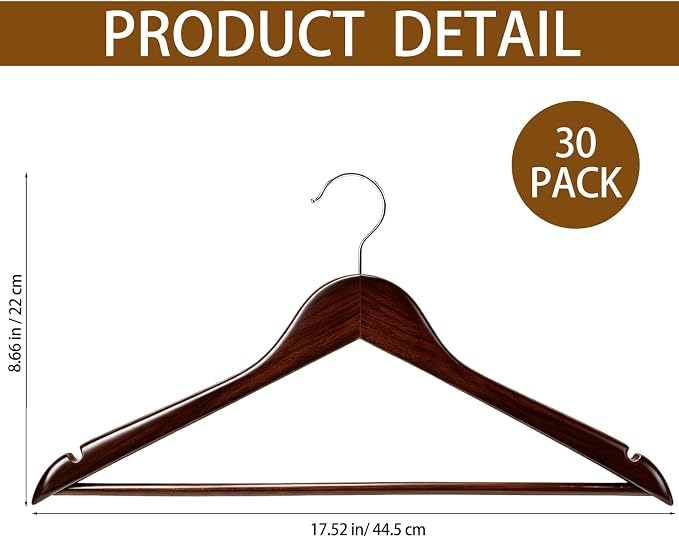 30 Pack Wooden Hangers, Solid Wood Coat Hanger with 360 Swivel Hook, Smooth Finish 17.5 Inch Clothes Hanger with Shoulder Groove for Shirts, Pants, Suits, Jackets, Dresses, Dark Brown