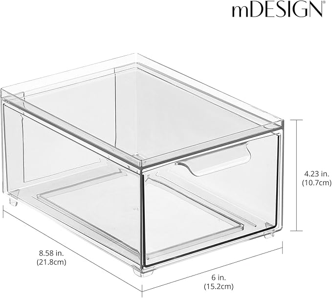mDesign Plastic Bathroom Organizer Bin w/Pull Out Drawer - Slim Stackable Storage Container for Bathroom Accessories - Perfect for Organizing Bathroom Cabinet - Lumiere Collection - 8 Pack - Clear