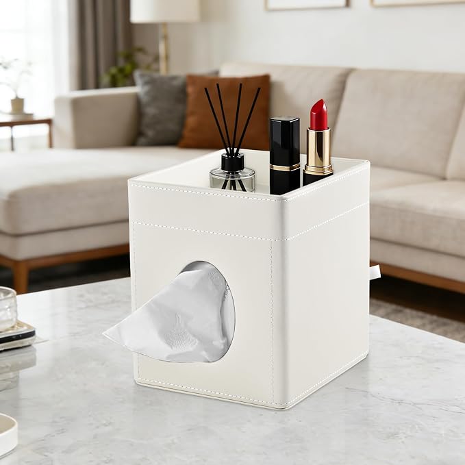 Tissue Box Cover with Storage Tray Square Tissue Box Holder PU Leather Facial Tissues Organizer Tray for Bathroom Vanity Bedroom Office Car,Stylish Napkin Caddy Decorative Organizer,Cream