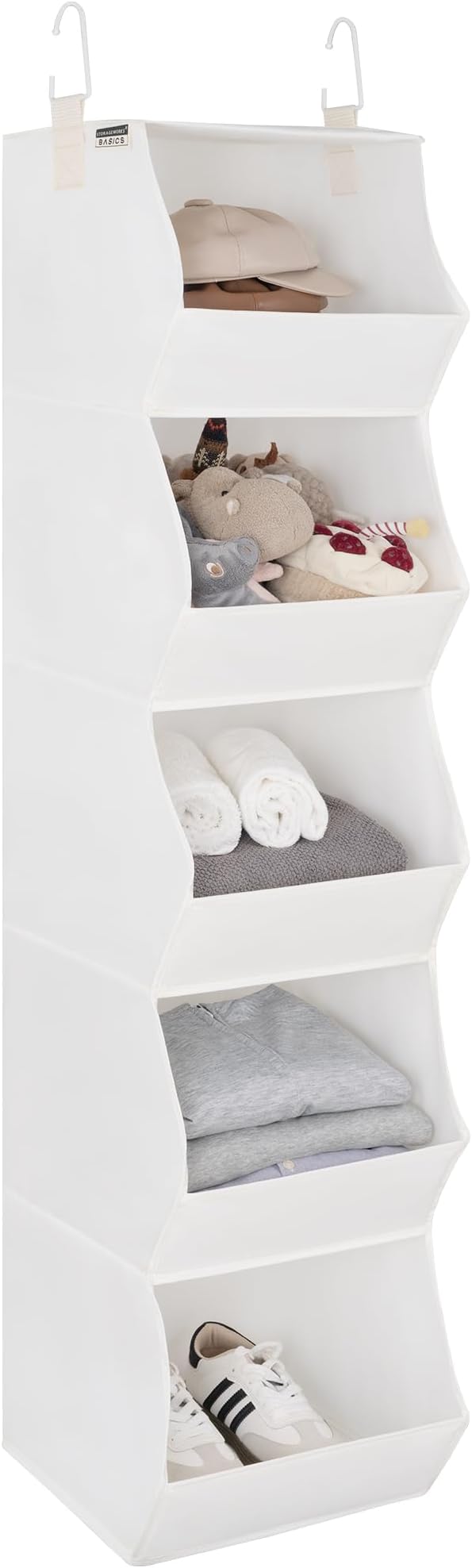 StorageWorks Basics Hanging Closet Organizer, 5-Shelf Wide Trapezoid Closet Shelves with Reinforced Anti-Sagging Support for Sweaters, Hoodies and Handbags, Foldable Storage Organizer, Beige
