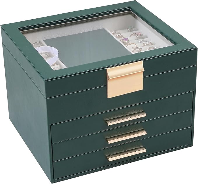 BOOVO Clear Lid Jewelry Box,3 Layers Jewelry Organizer Large Jewelry Storage Box with 2 Drawers,Jewelry Holder Organzier of Rings Earrings Necklace Bracelets for Women (Dark Green, 4 Layer)