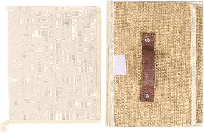 2Pack Storage Bins Boxes with Lids 15"x10"x10" Decorative Storage Baskets | Cotton Linen Fabric, Collapsible, Faux Leather Handles, Storage Cubes, Closet Shelf Clothes Organizer Container, Khaki
