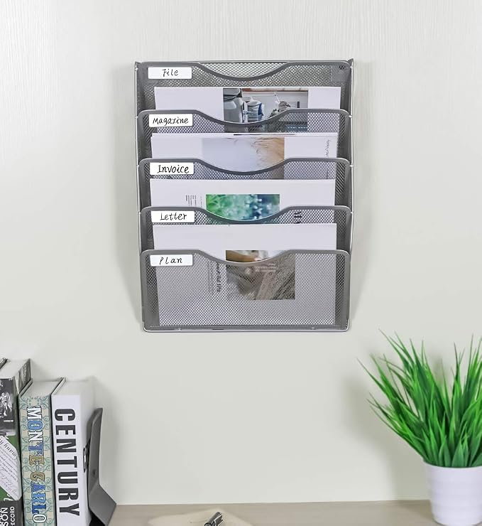 EasyPAG Wall File Organizer 5 Tier Hanging Paper Folder Holder, Zero Assembly Metal Mesh Wall Mounted Mail Organizer for Office Home Classroom Narrow Spaces, Silver