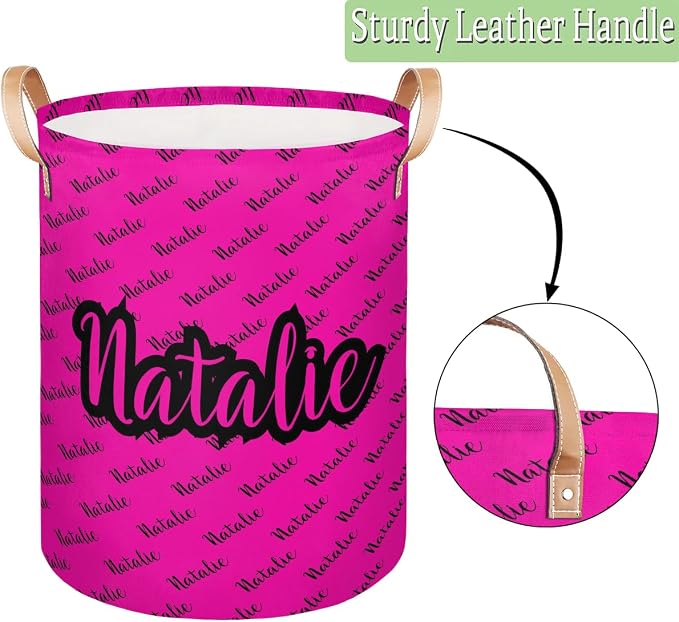 Personalized Laundry Basket, Custom Gift Laundry Hamper, Collapsible Nursery Waterproof Laundry Baskets, Dirty Clothes Toy Hamper with Handles Name Hot Pink Black