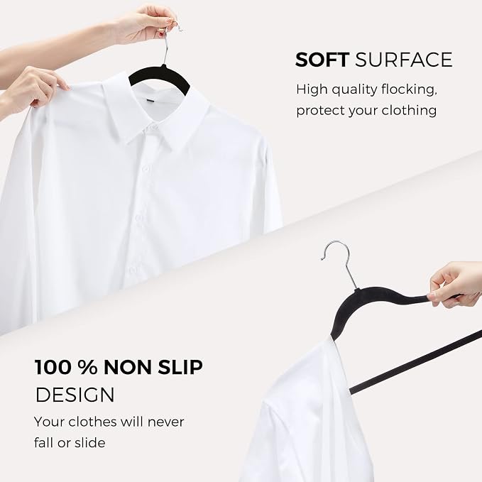 HOUSE DAY Premium Velvet Hangers, Non-Slip Flocked Felt, Sturdy Coat & Suit Hangers for Closet Space Saving (100 Pack, Black)