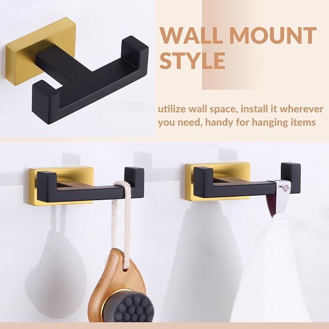 APLusee Double Bath Towel Hook 2 Pack, Solid Stainless Steel Square Dual Coat Holder, Modern Bathroom Kitchen Storage Hanger Wall Mounted, Black & Gold