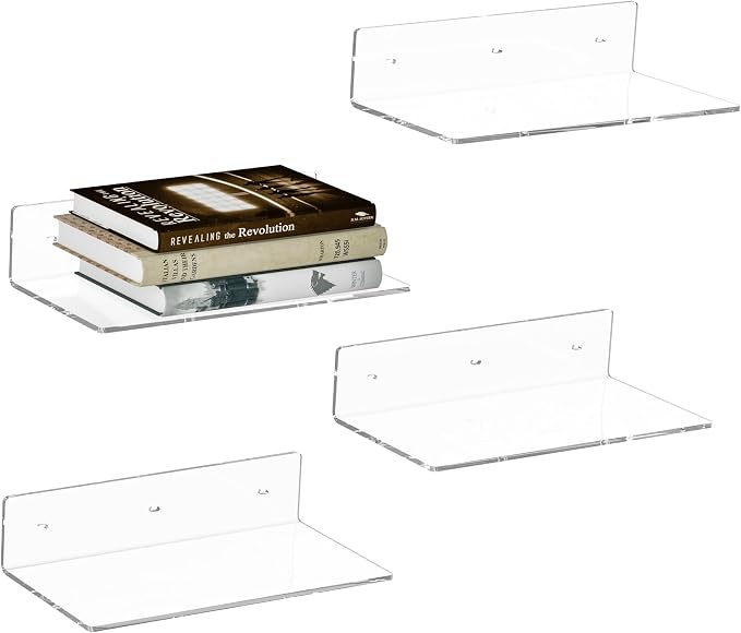 12 Inches Clear Wall Shelves, Moisture-Proof Acrylic Bathroom Organizer Shelves for Wall, Floating Shelf for Bathroom, 4 Pack