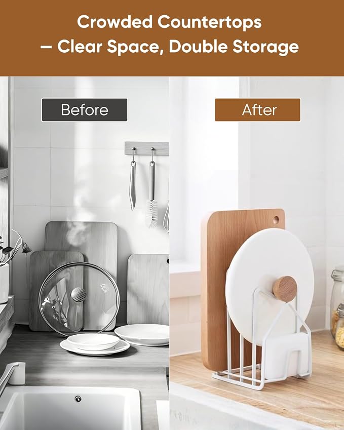 LINFIDITE Cutting Board Rack Chopping Board Organizer Stand Holder Kitchen Countertop Pots Pan Lids Rack Organizer Flat Steel 4.92Lx5.71Wx8.46H in. White