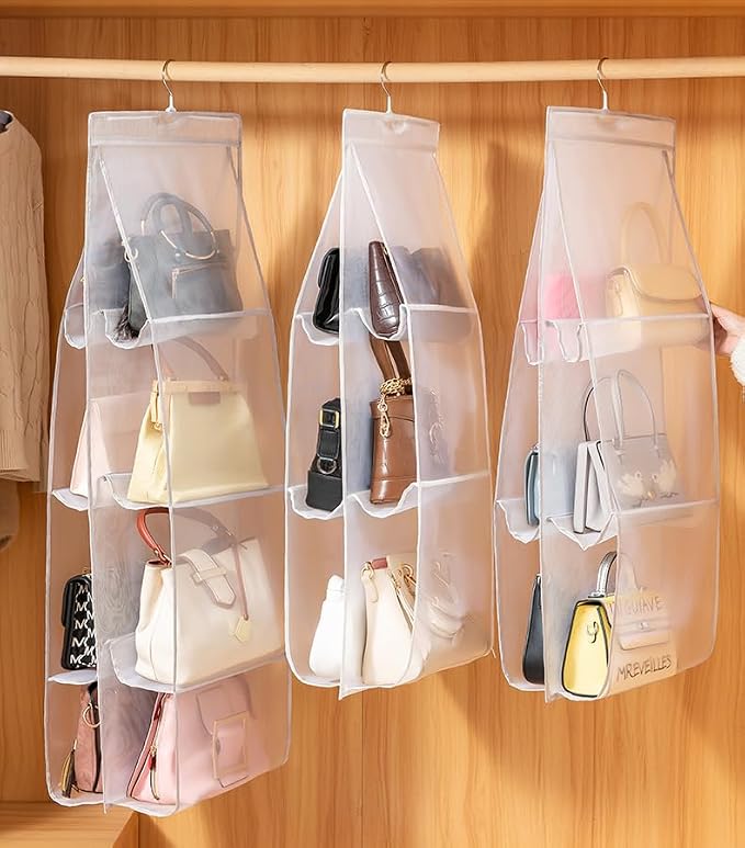 AARAINBOW Hanging Handbag Organizer for Closet, 8-Pocket Purse Storage Holder, Space-Saving Wardrobe Organizer for Women, 44.5"L x 13.5"W (A-White)
