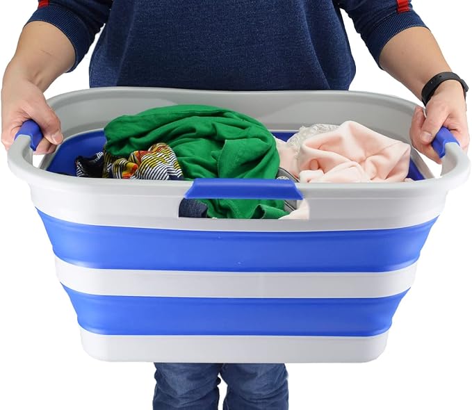 SAMMART 30L(8 gallon) Collapsible Plastic Laundry Basket - Foldable Pop Up Storage Container/Organizer - Space Saving Hamper/Basket - Water Capacity 24L(6.3 gallon) (1, Grey/Purplish Blue)