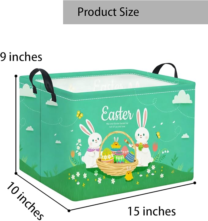 Rectangular Easter Basket for Home Kitchen Baby Girls Basket Cute Storage Bin Organizer Shelf Book Room Decor(Green Cute Bunny)