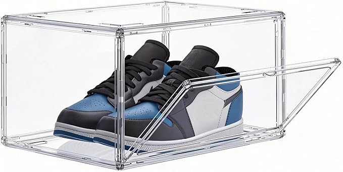 HIYOHIYO Clear Shoe Storage Box with Large Capacity Fits US Size 14, 1-Pack | Stackable, With Magnetic Door, Thicken Sturdy, Easy Assembly Transparent Display Case, For Sneaker, Ankle Boots, High Heels