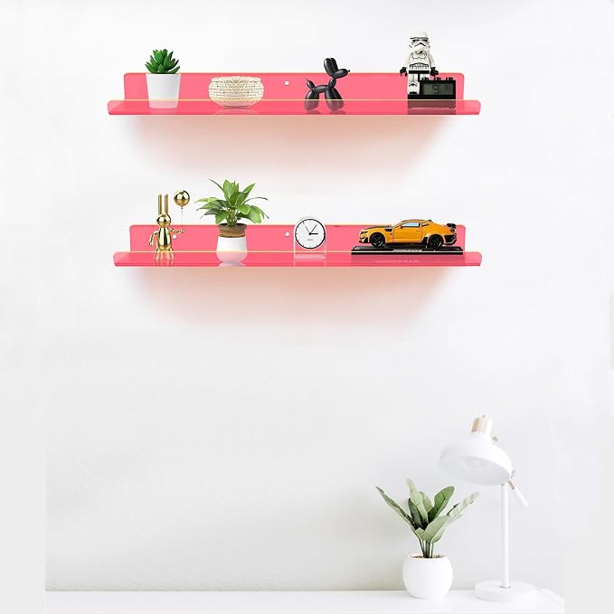 ROYALITA 2-Pack Acrylic Shelves Wall Mounted, 24 Inch Floating Shelves | for Small Items Plants Organize Wall Shelves for Gaming Room, Bedroom, Living Room, Office, Pink