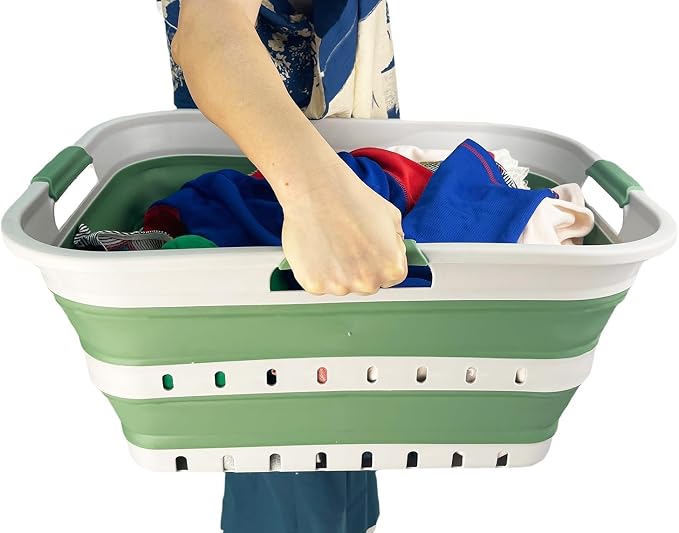 SAMMART 42 (11 Gallons) Collapsible Plastic Laundry Basket, Foldable Pop Up Storage Container/Organizer, Space Saving Hamper, Portable Bin for Dorm Room Bathroom (1, Grey/Dark Sea Green)