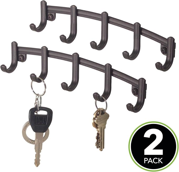 mDesign Steel Modern Key Holder for Wall - Decorative Wall-Mount Key Ring Holder and Hook Rack - 5 Metal Hooks for Hanging Dog Leash, Car Keys, and Keychain - Hyde Collection - 2 Pack - Bronze