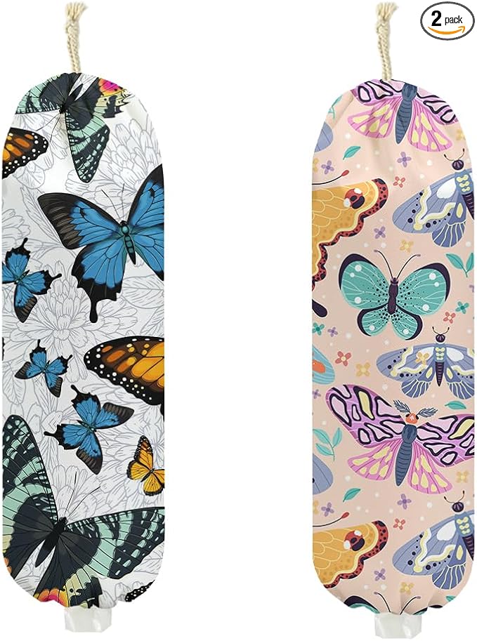 2Pcs Butterfly Plastic Bag Holder, Wall Mount Grocery Bag Holder for Plastic Bags, Colorful Butterflies Washable Grocery Bags Storage Dispenser for Home Kitchen Decor, Butterfly Gifts for Women Mom