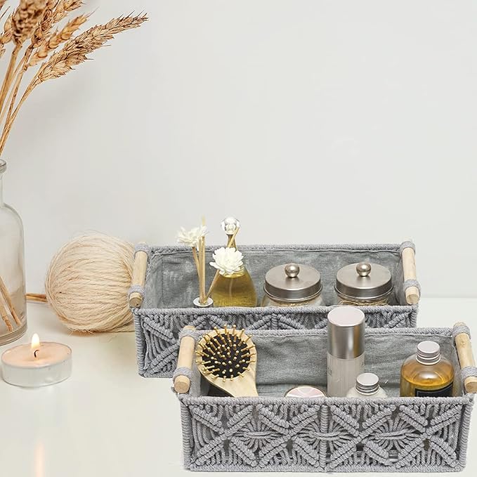 Macrame Storage Basket Boho Decor Baskets for Organizing Woven Decorative for Countertop Toilet Paper Basket for Tank Top for Home Decor Bedroom Nursery Livingroom Entryway (Set of 2,Grey)