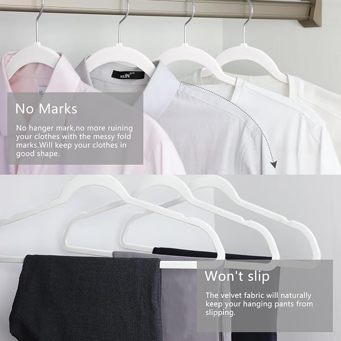 MIZGI Premium Velvet Hangers (60 Pack) Heavy Duty - Non Slip Felt Suit White Chrome Hooks,Space Saving Clothes White/Silver