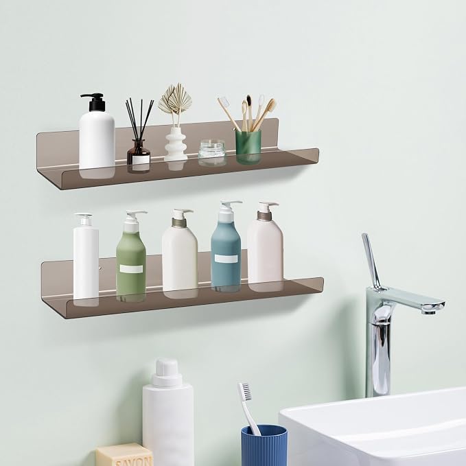 Dezzer 6 Pack Acrylic Shelves for Wall, 15" Acrylic Floating Shelves for Bathroom Bedroom, Invisible Bookshelf Wall Ledge Storage Shelf Books Perfume Toys Action Figure Display Shelves, Clear Gray