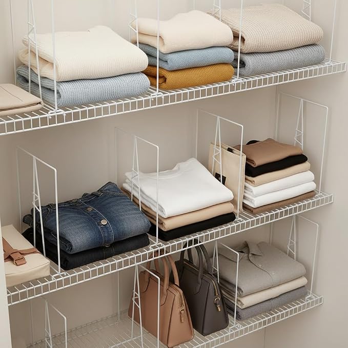 Wire Shelf Dividers - White Closet Organization & Storage Organizer - No Tool Shelf Divider for Wire Shelves - Metal Shelf Accessories – for 12“ Deep Wire Shelves – Tall 16” Height – 4 Pack