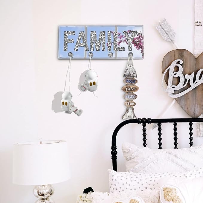 Crushed Diamond Mirrored FAMILY Letter Plaque Sign - 15" Silver Mirror Key Holder with 4 Crystal Acrylic Hooks, Wall Mounted Key Hanger for Kitchen, Great Room, Hallway-Glam Art Deco Family Rules Sign