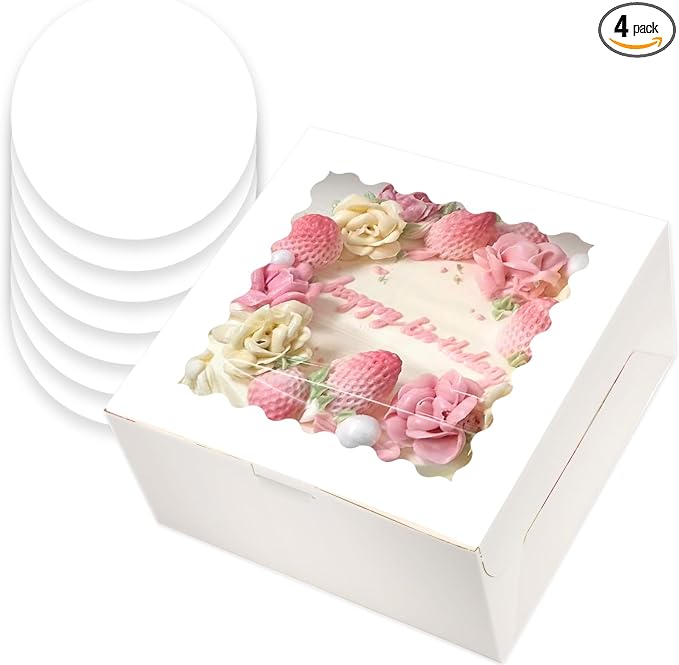qiqee 10x10x5 Cake Box, 4 Sets White Cake Box with Window ＆ 4 Sets 10" White Cake Round Boards, 10inch Cake Containers