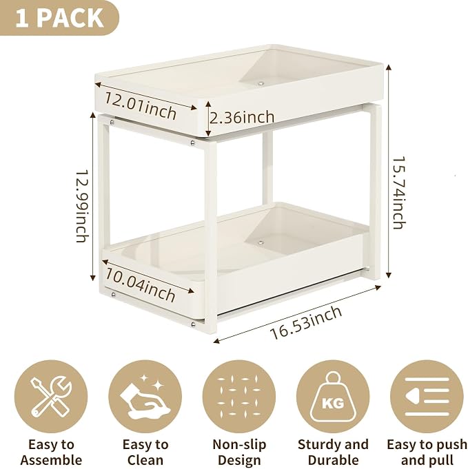 2 Tier Pull Out Cabinet Organizer with Sliding Basket Bathroom Cabinet Organizer, Bathroom Kitchen Multi-Purpose Under Sink Organizer and Storage Cabinet in Metal 1 pack
