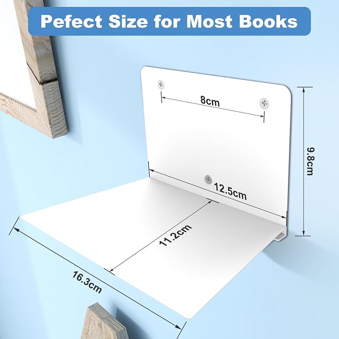 FENTEC Floating Book Shelves for Wall, Wall Mounted Invisible Floating Bookshelf, Heavy-Duty Hanging Bookshelves, Hidden Book Shelf Metal Wall Book Holder for Bedroom Home Office, 6-Pack White