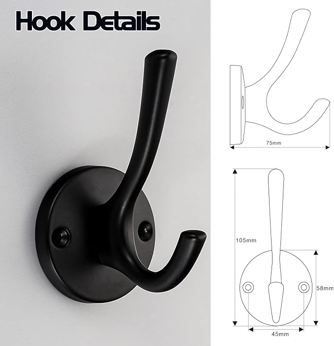 𝑪𝒐𝒂𝒕 𝑯𝒐𝒐𝒌𝒔 Wall Hooks 4 Pcs Towel Hook Heavy Duty Thick Bath Robe Hooks Wall Mount Hooks for Bathroom Kitchen Hotel Bearing 25kg (Black)