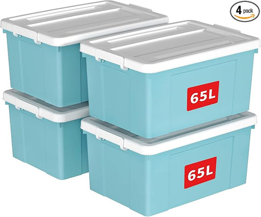 Cetomo Lidded Storage Bin with Handle, Tote Organizing Container with Wheels, Lid and Secure Latching Buckles, Stackable and Nestable, Plastic, 72 Quart-4 Pack, Blue