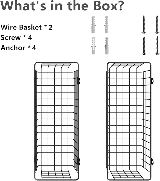 MaraFansie [Extra Large] Wire Basket 2-Pack Hanging Wall Organizer Cabinet Storage Basket Wall Mounted Shelves Rustic Farmhouse Decor for Home Kitchen Bathroom, BLACK