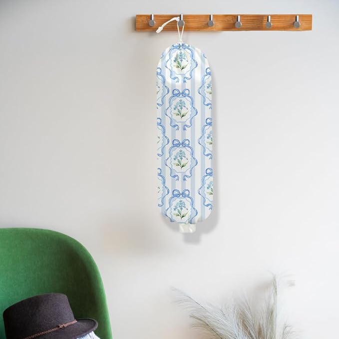 Bow Plastic Bag Holder, Wall Mount Grocery Bag Holder for Plastic Bags | Blue Stripes Reusable Grocery Bags Storage Dispenser for Home Kitchen Pantry Decor, Flower Gifts for Women Mom, 22.5x9 Inch