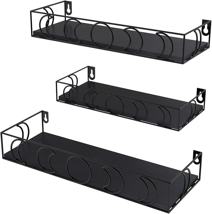 PHAREGE Moon Phase Floating Shelves Black Set of 3 | Small Decorative Wall Shelves for Book Plant Storage, Crystal Figurine Collectibles Display Shelf for Bedroom Kid Room