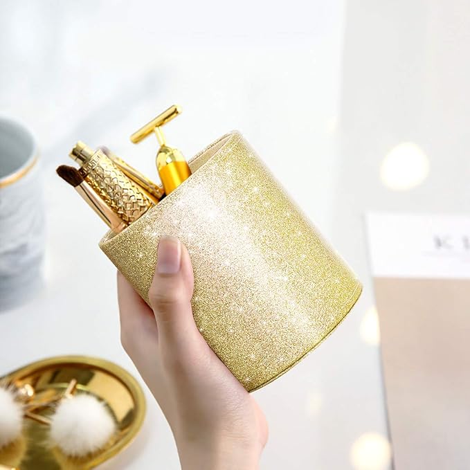 Gold Pencil Holder, Decorative Pens Holder for Desk, Makeup Brushes Organizer for Table, Large Pu Leather Multi-Functional Organizer Cup for Office, Classroom, Home, Champagne Gold