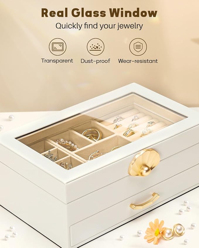 Enthralite Jewelry Box with 1 Drawers : Jewelry Display Organizer for Earrings Necklaces - Gift for Girls Women | White