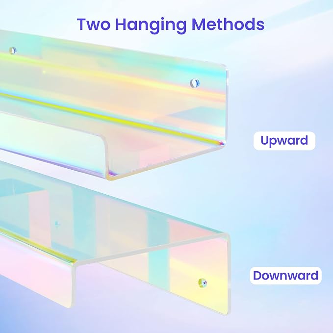 upsimples 4 Pcs 15" Iridescent Acrylic Shelves for Wall Decor and Display | Cute Floating Shelf for Perfume, Skincare, Nail Polish, Wall Organizer for Bedroom, Living Room, Playroom, Room Décor