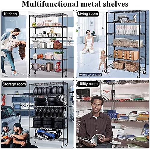 6-Tier NSF Heavy Duty Metal Shelving - 45" L x 18" W x 82" H Adjustable Storage Shelves with Wheels, 2100lb Capacity for