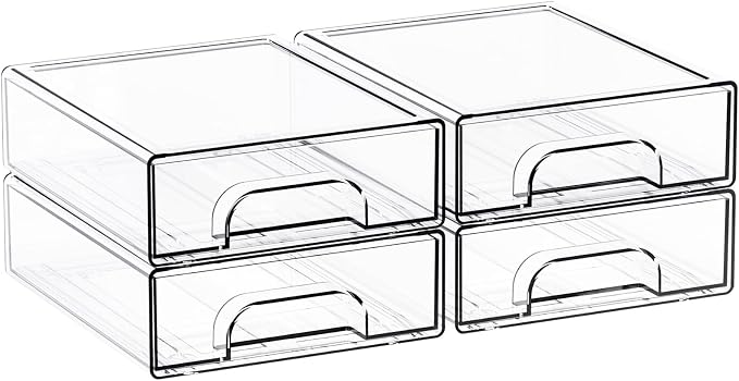 Yieach 2.2'' High Small Clear Stackable Storage Drawers,4 Pack Desk Organization and Storage Bins,Plastic Office Supply Organizer,Acrylic Drawer Storage Organizer for Makeup,Accessory,Pen,Art Crafts
