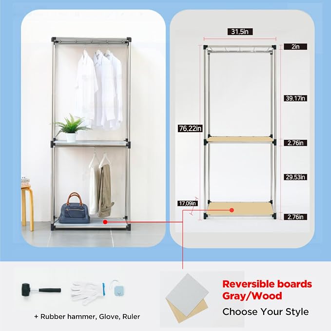 Letusto Premium Stainless Steel Freestanding Closet Organizer System - Easy Assembly, Durable, and Versatile - Heavy Duty Adjustable Portable Wardrobe Clothing Rack (2 Tier)