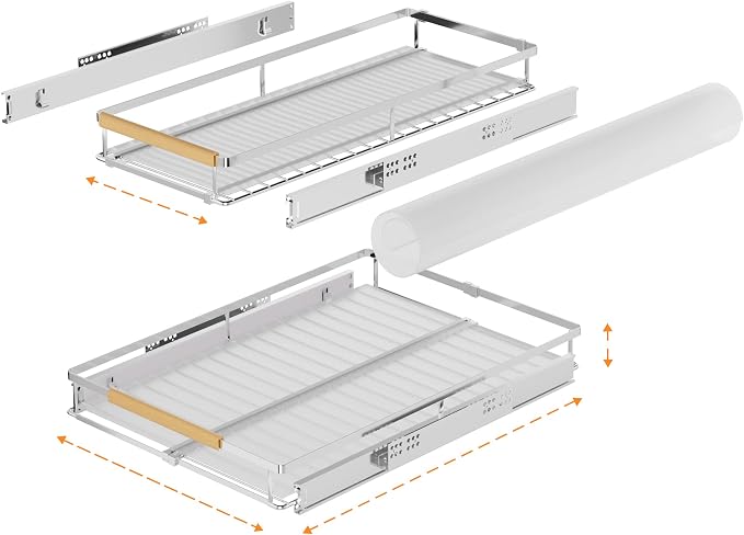 SANNO Pull Out Cabinet Organizer, Kitchen Sliding Shelf Under Sink Shelf, Expandable Drawer Shelves with Sliding Steel Metal Cabinet Drawers Slide Out, Chrome Finish，Expandable 12.1 to 18.4" W
