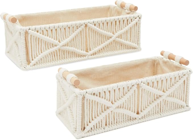 Okuna Outpost Macrame Storage Basket Set - Macrame Shelf Baskets for Storage - Cotton & Wood Handle Organizer for Bathroom & Nursery Decor - Pack of 2, Ivory, 13.5 x 6.5 x 4 & 12 x 5.5 x 4 in