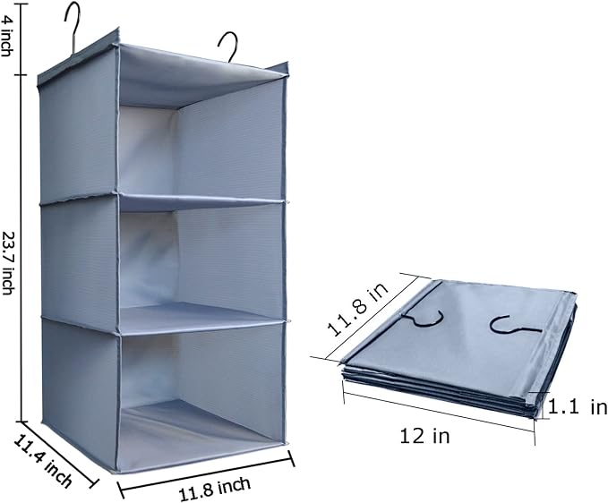 Hanging Closet Organizer 3-Shelf, Oxford Fabric Wardrobe Storage, Gray | Easy-mount foldable design holds clothes, handbags, shoes & accessories; washable Oxford fabric, sturdy and space-saving.