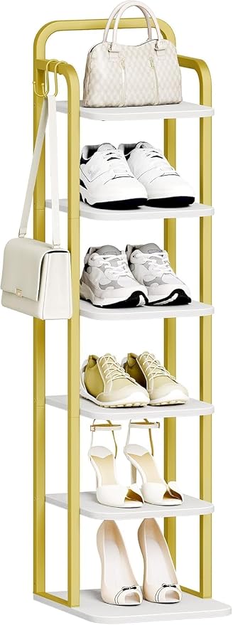 Hzuaneri 6 Tiers Vertical Shoe Rack, Narrow Shoe Tower, Tall Shoes Shelf with 2 Hooks, Adjustable Shelves, Corner Shoes Shelves for Small Spaces, Entryway, Living Room, White Gold SR04213A