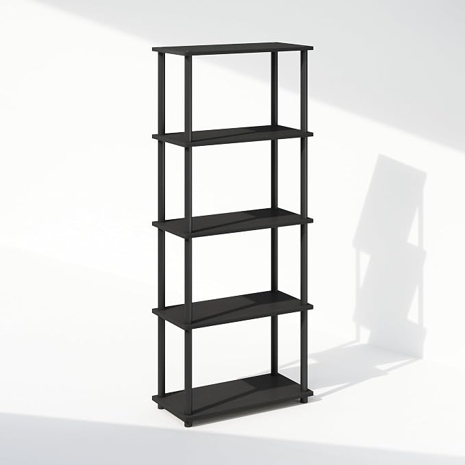 Furinno Turn-N-Tube Book Shelf, 5-Tier Bookshelf, Bookcase with Multipurpose Compact Display Rack, 11.6 x 23.6 x 57.4, for Living Room, Bedroom, Home Office, Americano/Black