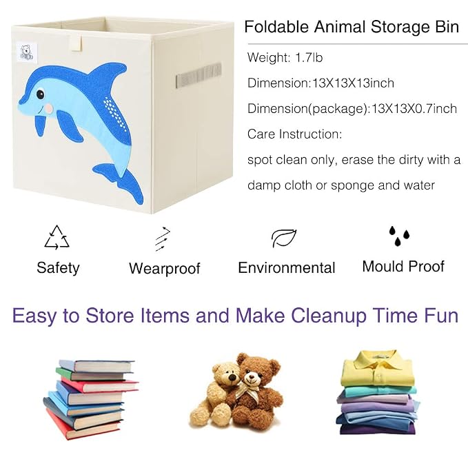 Foldable Animal Cube Storage Bins Fabric Toy Box/Chest/Organizer for Toddler/Kids Nursery, Playroom, 13 inch (Dolphine)