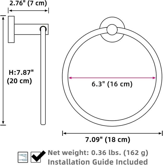 APLusee Gunmetal Gray Towel Ring, 304 Stainless Steel Rustproof Towel Holder for Bathroom Wall Mounted, Easy to Install