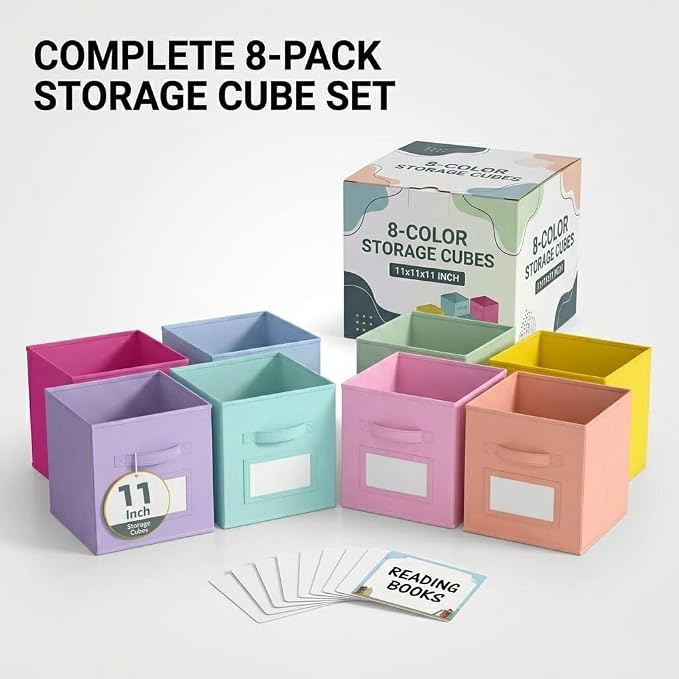 Lourome 11 Inch Cube Storage Bin with Label Window,8 Pack 8-Color Collapsible Storage Bins for Closet Organizers and Storage, Fabric Foldable Storage Cubes for Kids Room & Shelves