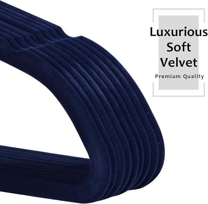 VECELO Premium Velvet Clothes Hangers Suit Heavy Duty (50 Pack)-Non Slip & Space-Saving with 6 Finger Clips & Tie Rack Excellent for Men and Women,Blue