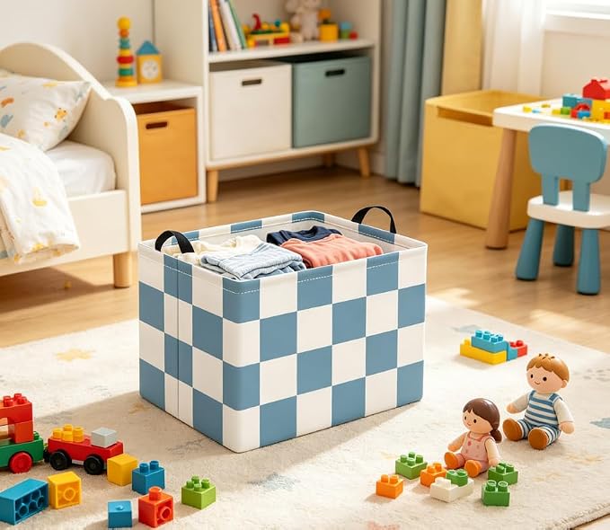 Rectangular Baby Kids Storage Basket for Home Kitchen Girls Cute Toy Storage Bin Organizer Shelf Book Room Decor(Blue Checkered)