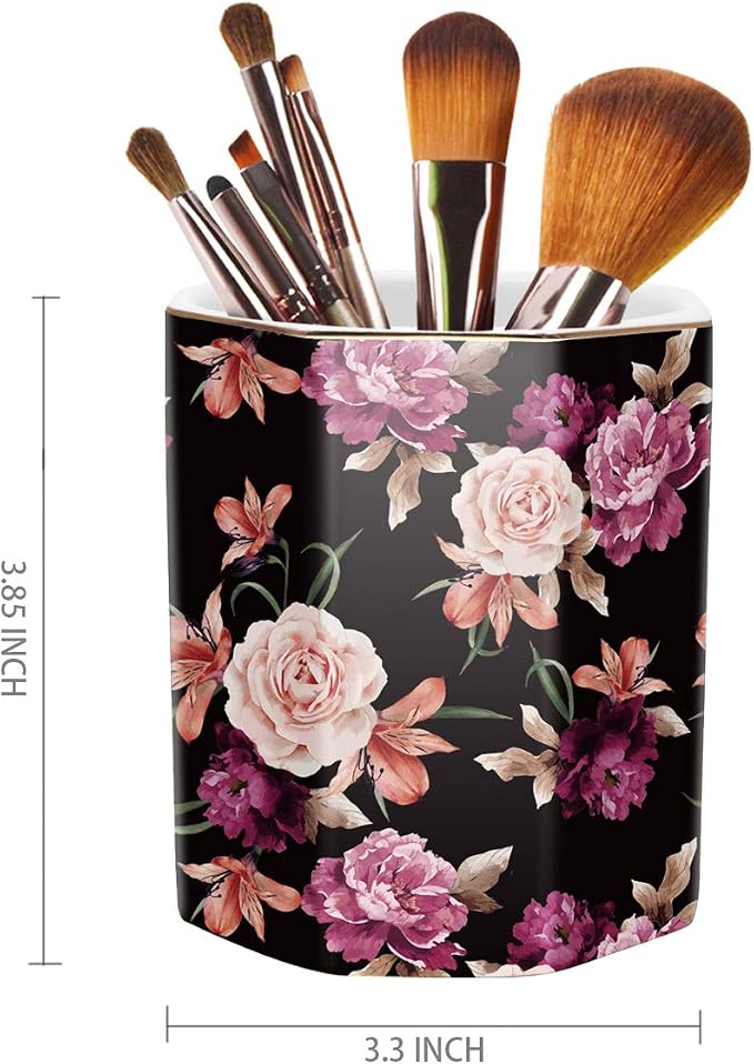 Pen Holder, Pencil Holder for Desk Floral Pattern Pencil Cup for Girls Kids Durable Ceramic Desk Organizer Makeup Brush Holder for Office, Classroom, Home, Black Flower